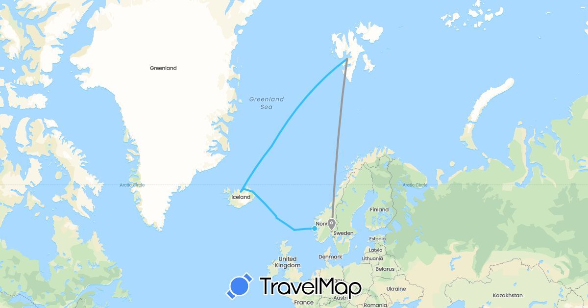 TravelMap itinerary: driving, plane, boat in Faroe Islands, United Kingdom, Iceland, Norway (Europe)